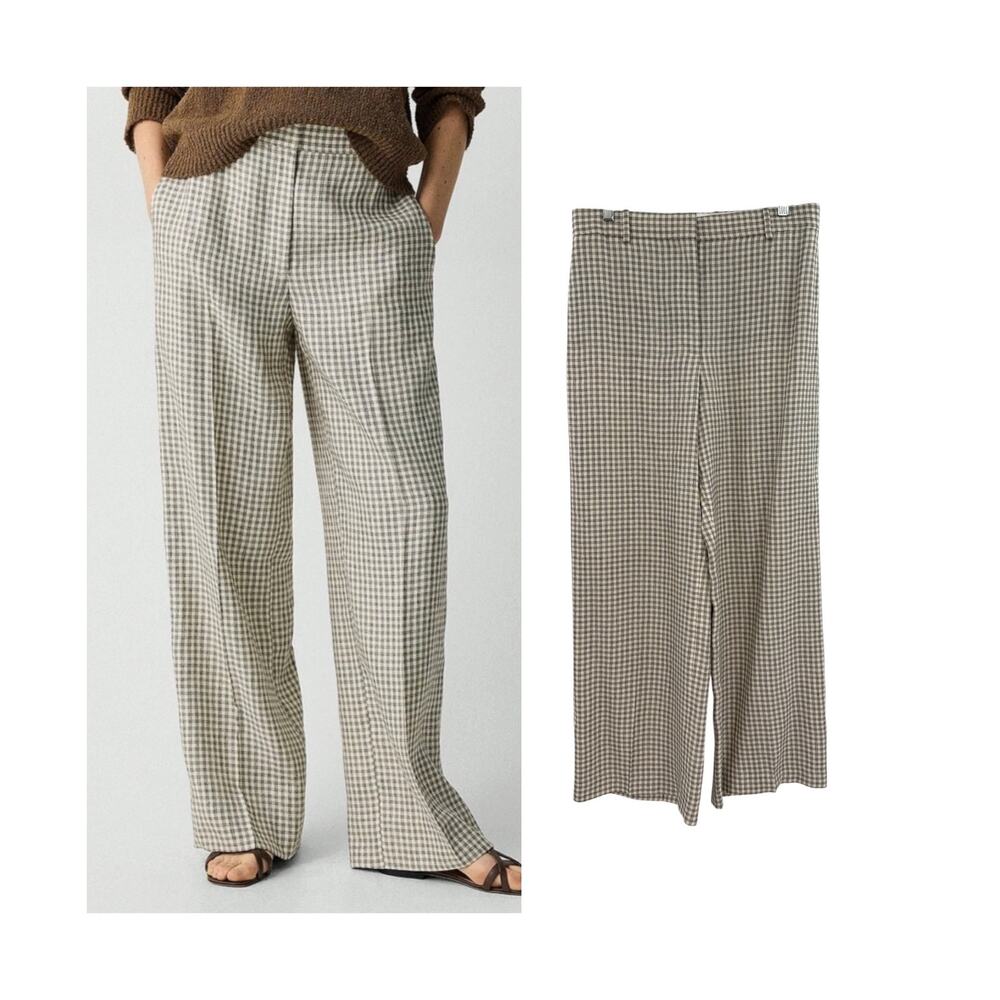 Theory Classic Trousers Linear Check Wide Leg Linen‎ Blend Pants Size 8
